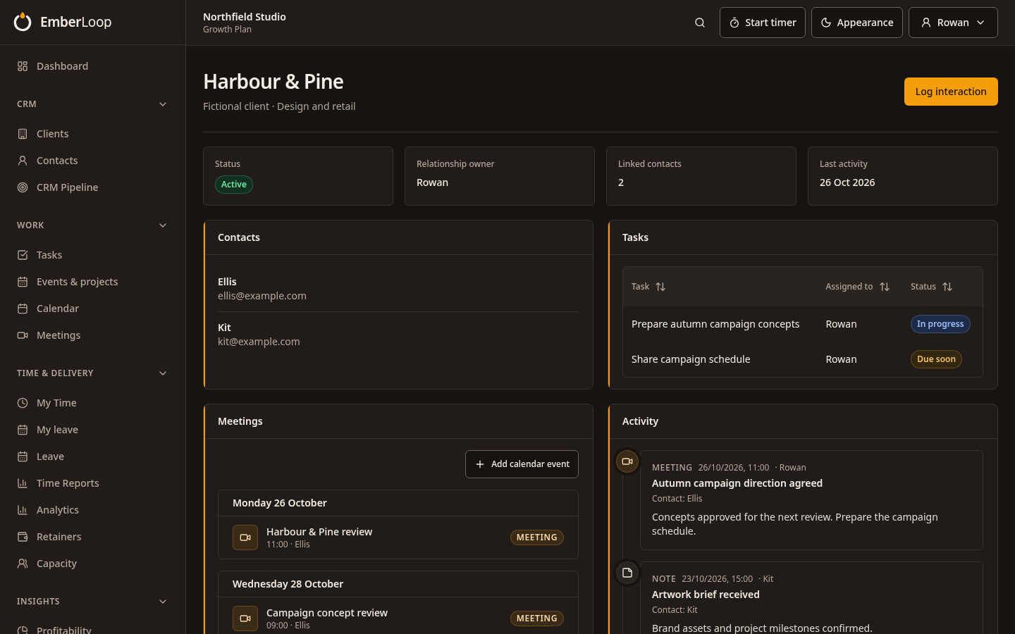 Fictional Northfield Studio client record with contacts, tasks, meetings and activity (dark theme)
