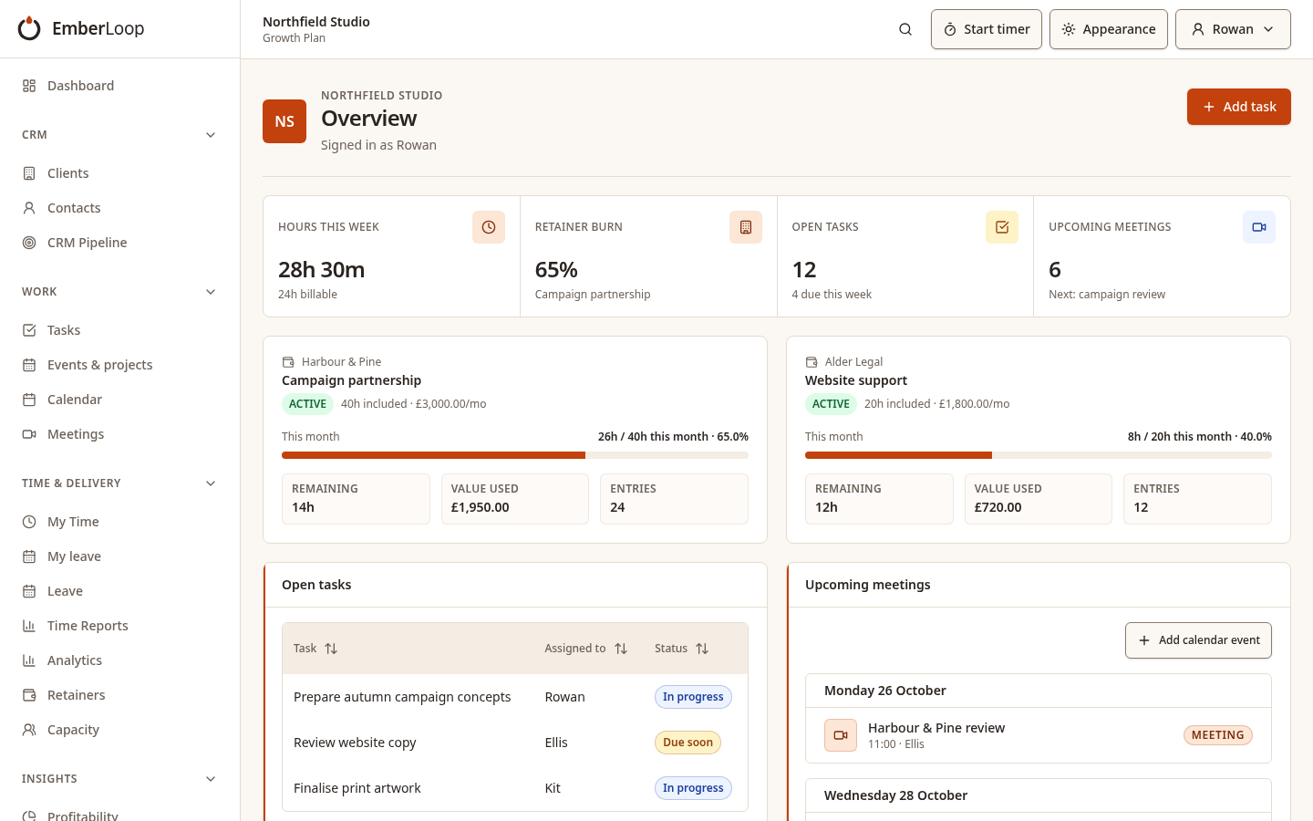 Fictional Ember Loop dashboard showing team commitments, client work and approved time (light theme)